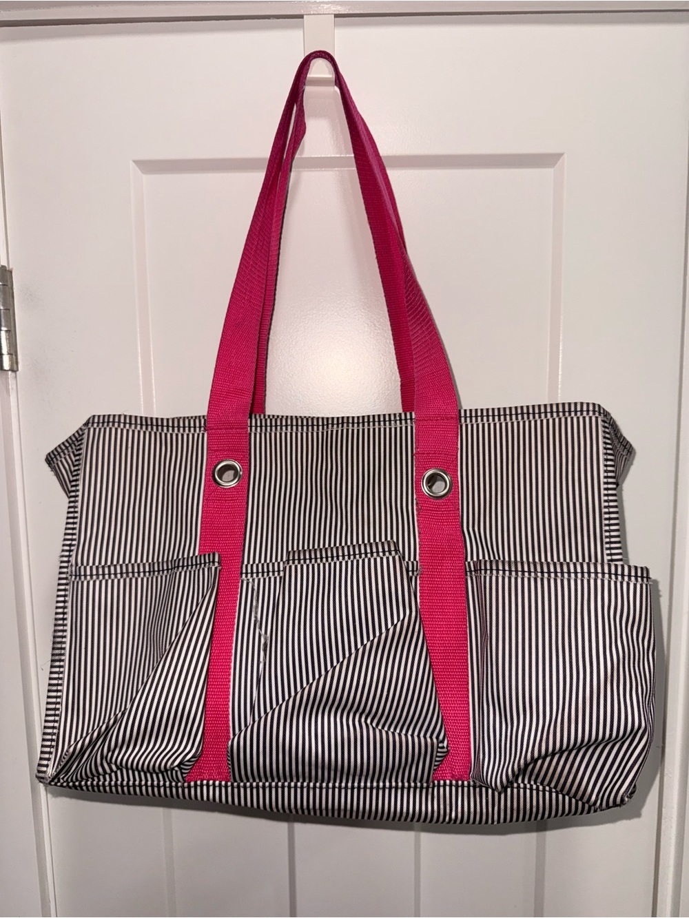 Thirty One Striped Canvas Tote with Pink Shoulder Straps